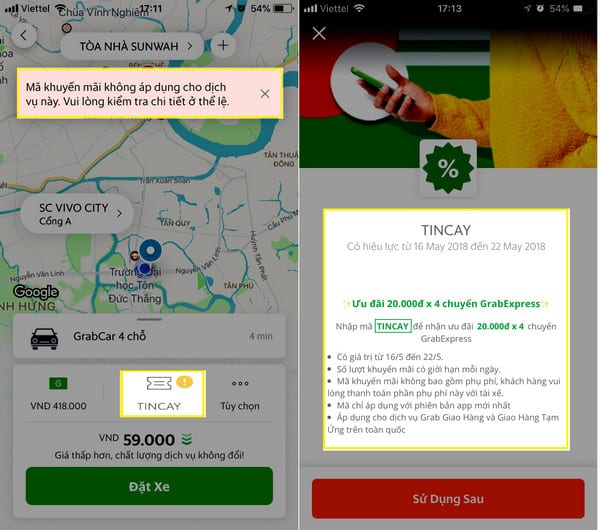 Mã giảm giá Grab không sử dụng được