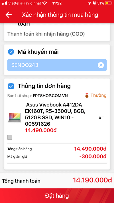 Nhập mã giảm giá trên Sendo App