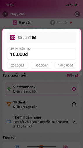 Nạp tiền vào MoMo