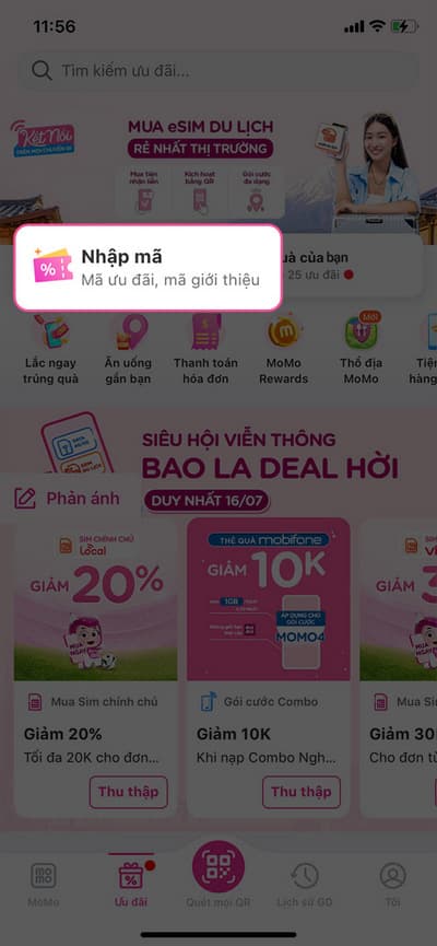Cách nhập mã khuyến mãi MoMo