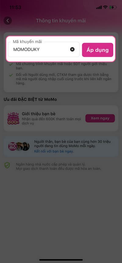 Cách nhập mã khuyến mãi MoMo