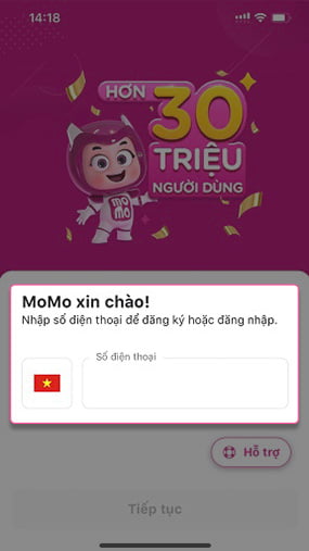 Nhập SĐT đăng ký MoMo